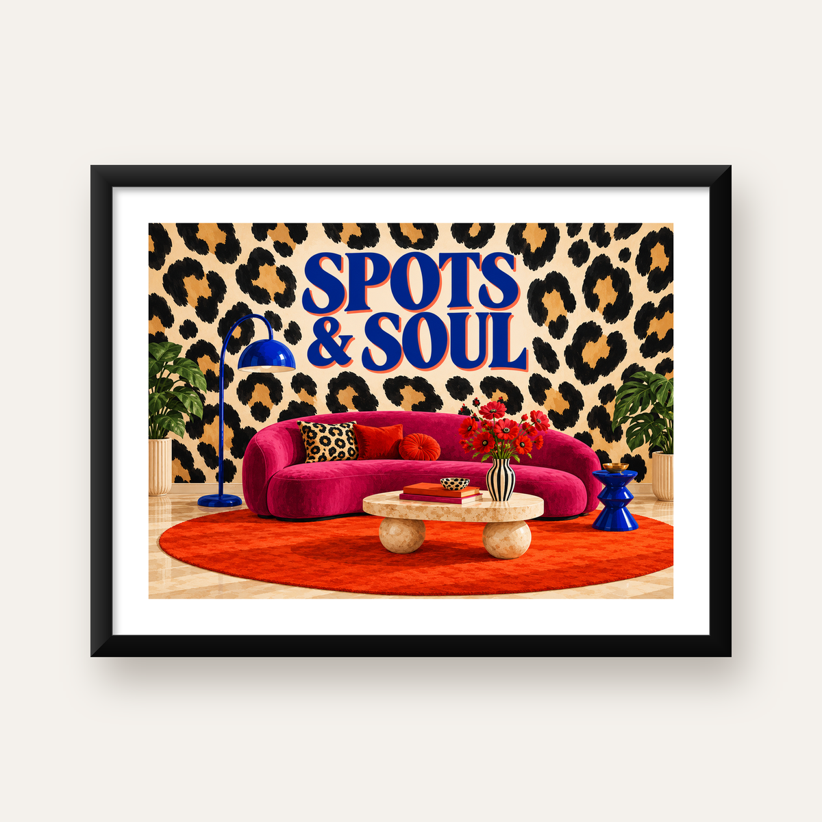 Leopar Desenli Retro Salon Poster – SPOTS & SOUL Duvar Sanatı — Yatay baskı, beyaz paspartulu