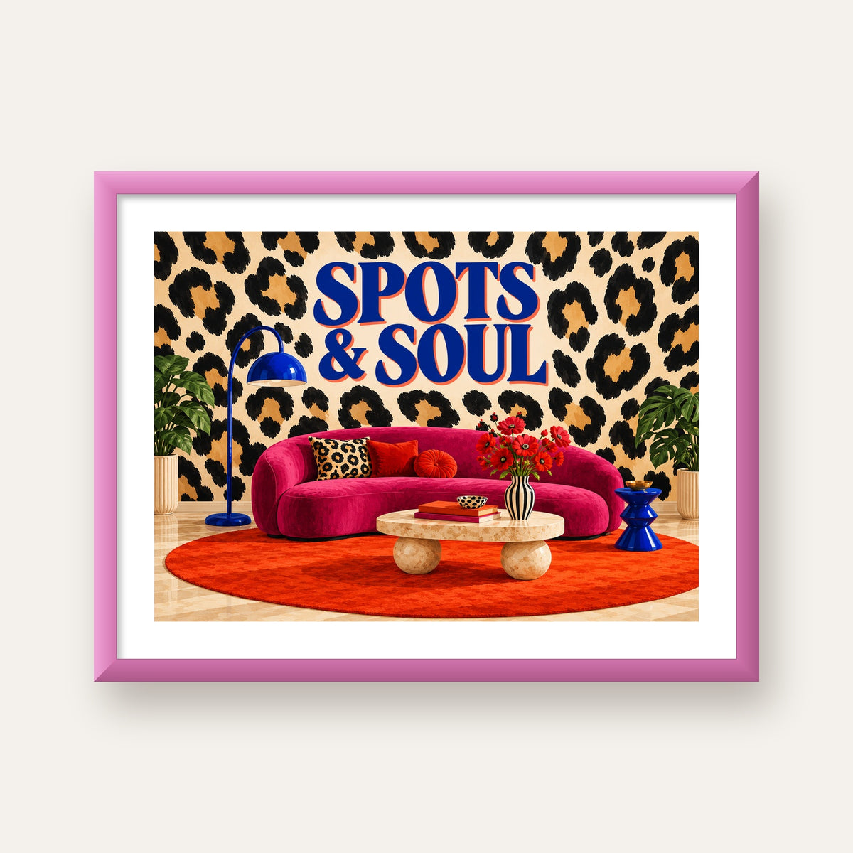 Leopar Desenli Retro Salon Poster – SPOTS & SOUL Duvar Sanatı — pembe çerçeveli paspartulu