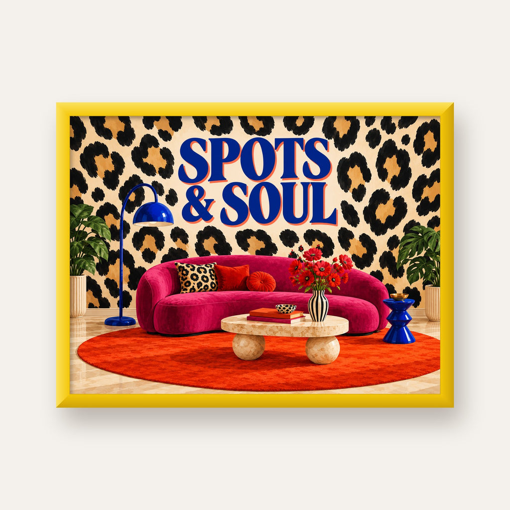Leopar Desenli Retro Salon Poster – SPOTS & SOUL Duvar Sanatı — sarı çerçeveli