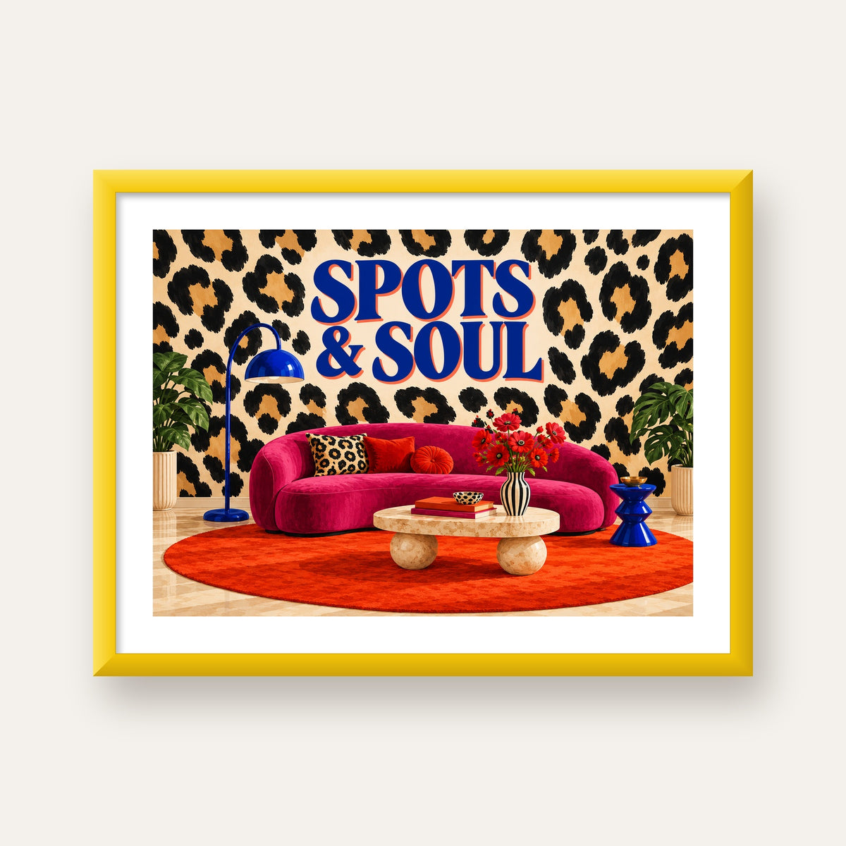 Leopar Desenli Retro Salon Poster – SPOTS & SOUL Duvar Sanatı — sarı çerçeveli paspartulu