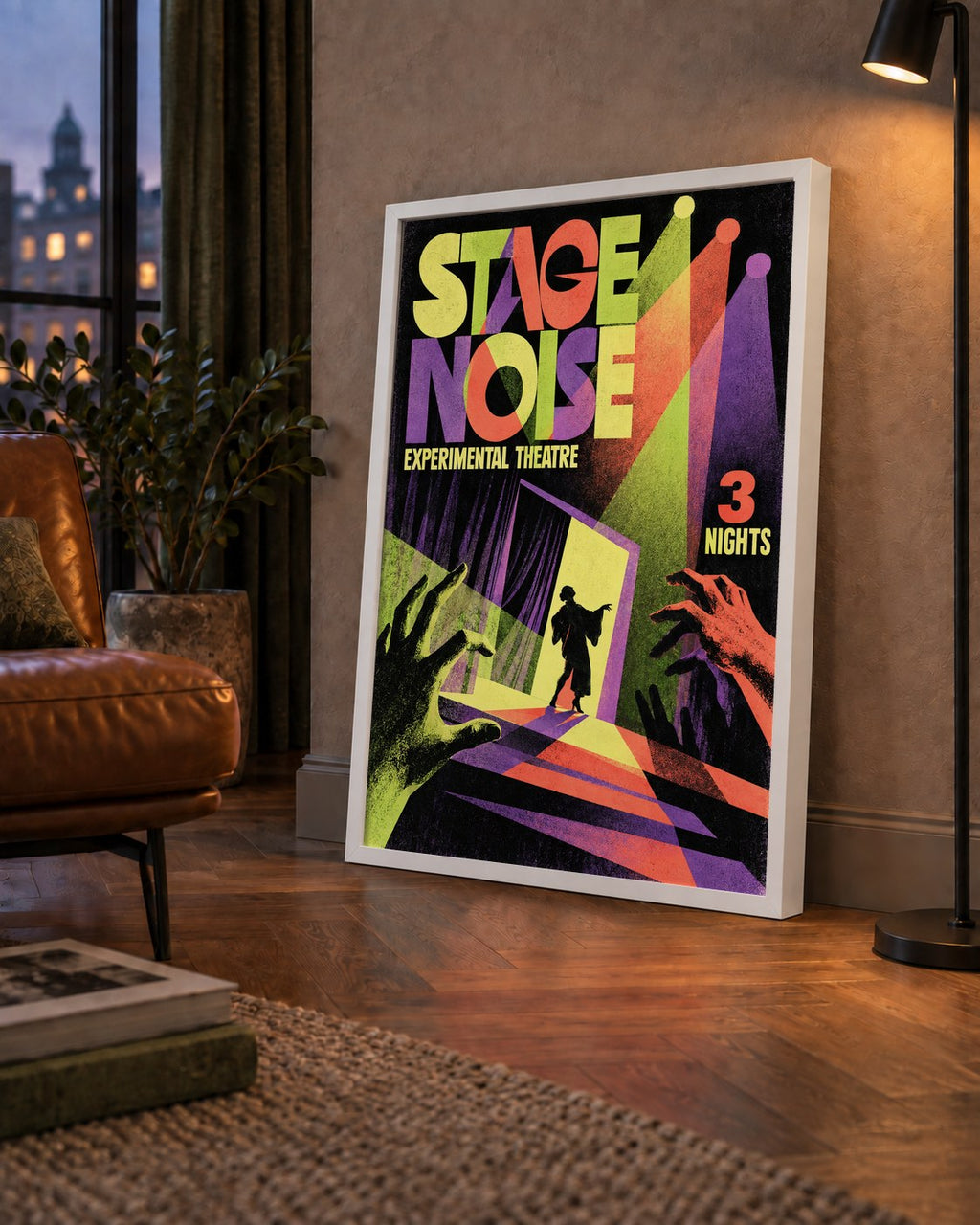 Retro Sahne Sanatları ve Tiyatro Poster Duvar Dekoru — çerçeveli hâliyle bir ev duvarında
