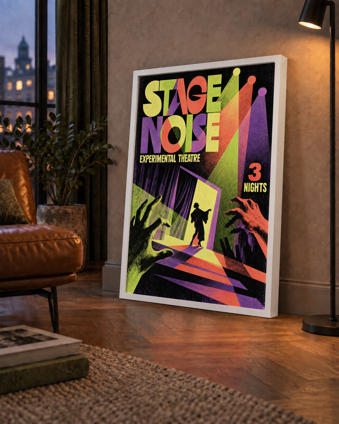 Retro Sahne Sanatları ve Tiyatro Poster Duvar Dekoru — çerçeveli hâliyle bir ev duvarında