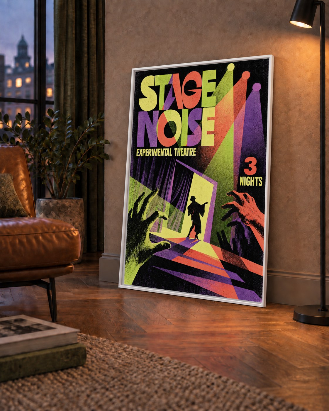 Retro Sahne Sanatları ve Tiyatro Poster Duvar Dekoru — çerçeveli hâliyle bir ev duvarında