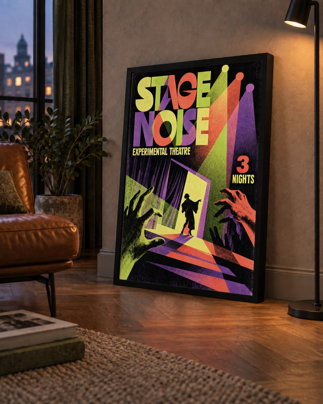 Retro Sahne Sanatları ve Tiyatro Poster Duvar Dekoru — çerçeveli hâliyle bir ev duvarında