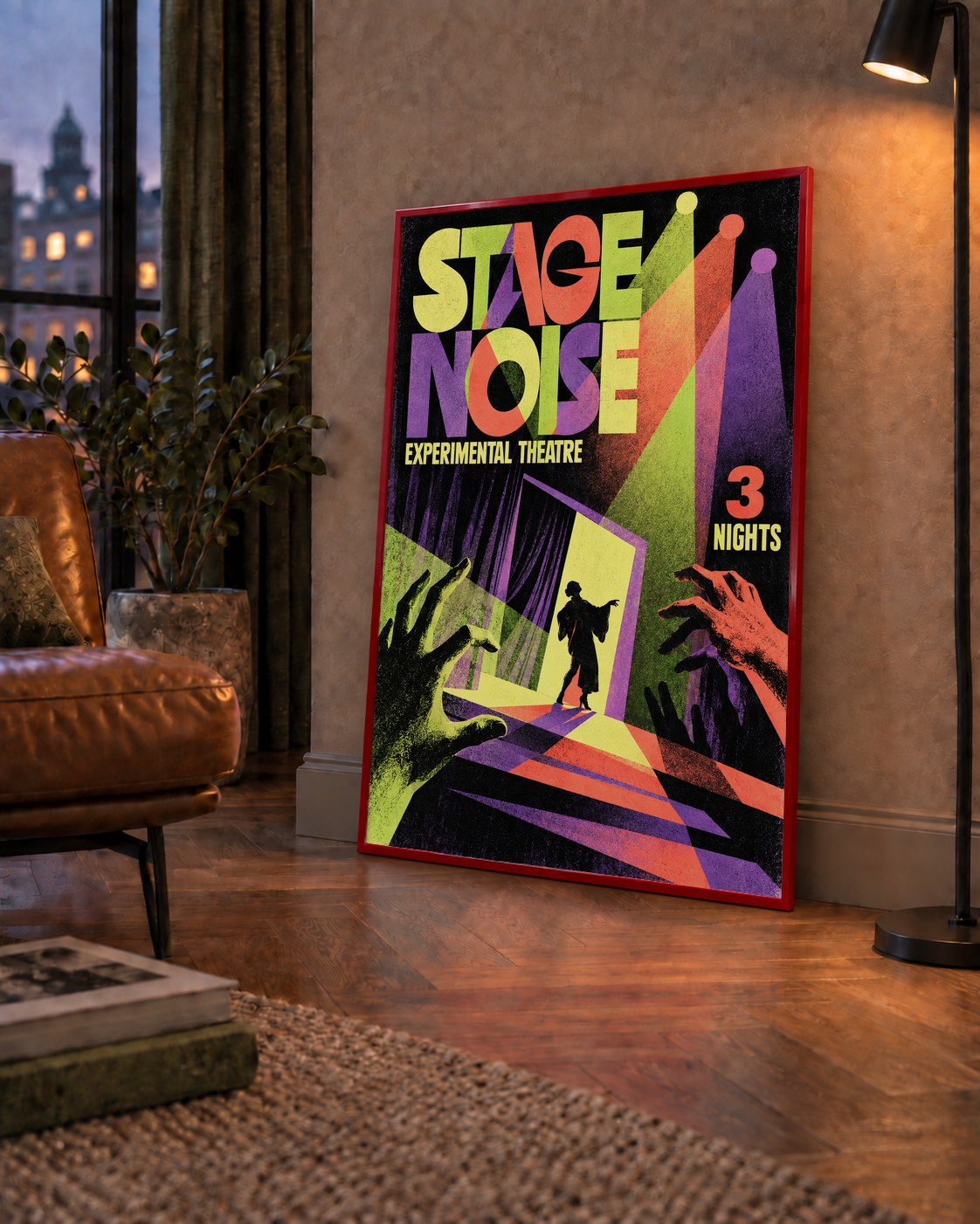 Retro Sahne Sanatları ve Tiyatro Poster Duvar Dekoru — çerçeveli hâliyle bir ev duvarında