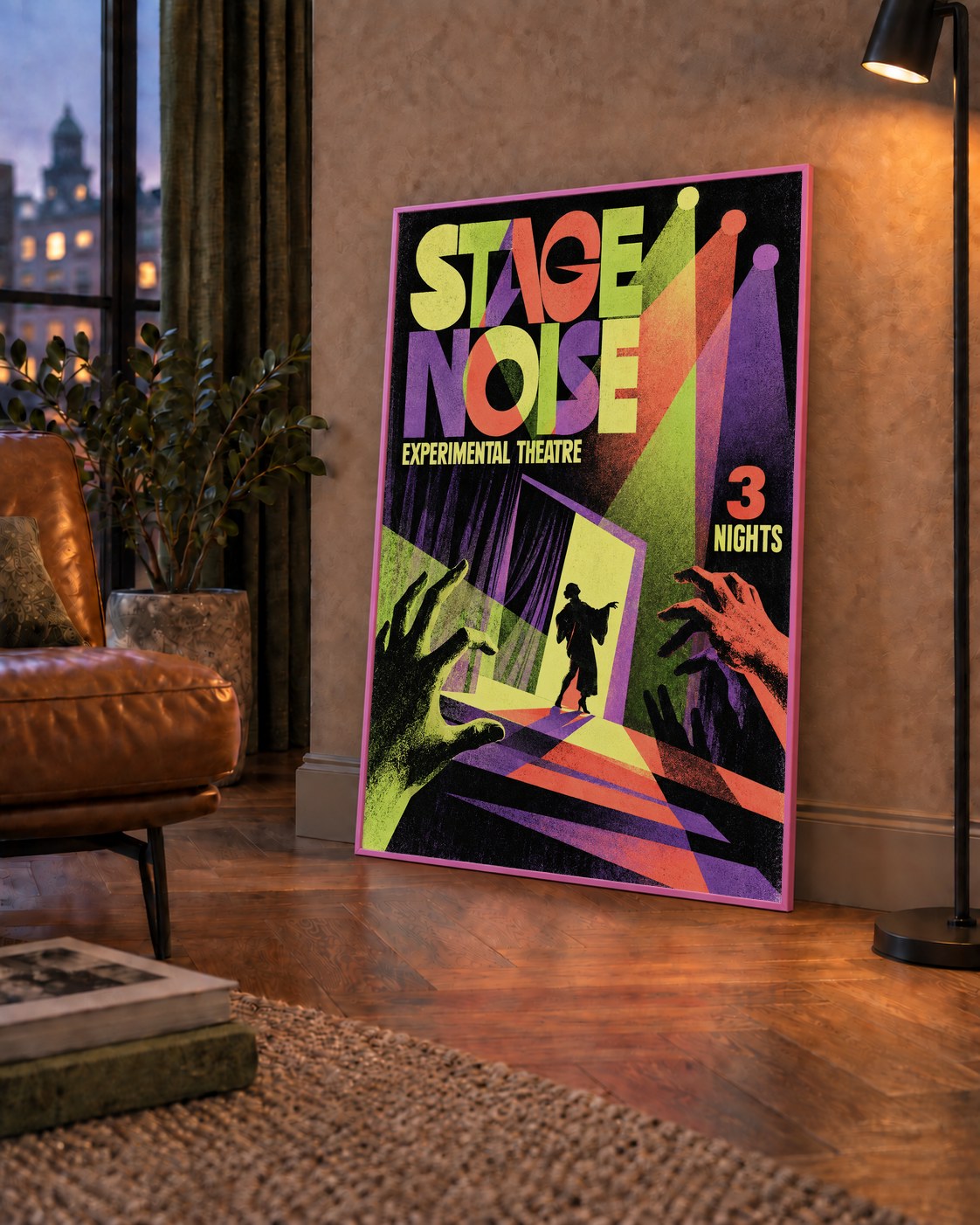 Retro Sahne Sanatları ve Tiyatro Poster Duvar Dekoru — çerçeveli hâliyle bir ev duvarında