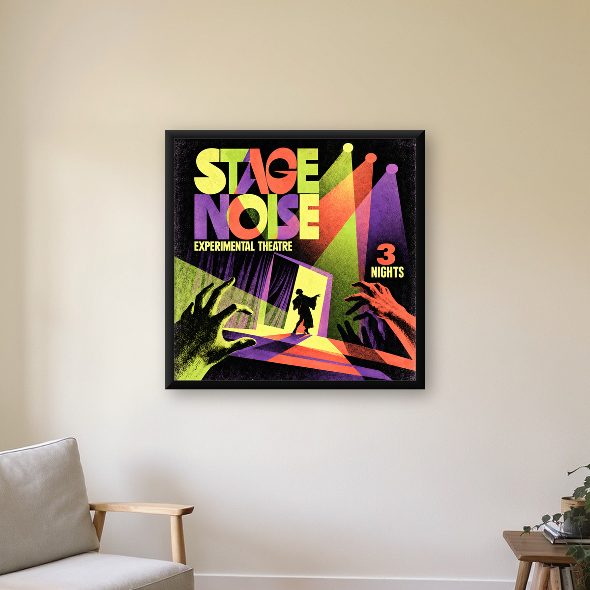 Retro Sahne Sanatları ve Tiyatro Poster Duvar Dekoru — Kare baskı, çerçeveli hâliyle bir ev duvarında