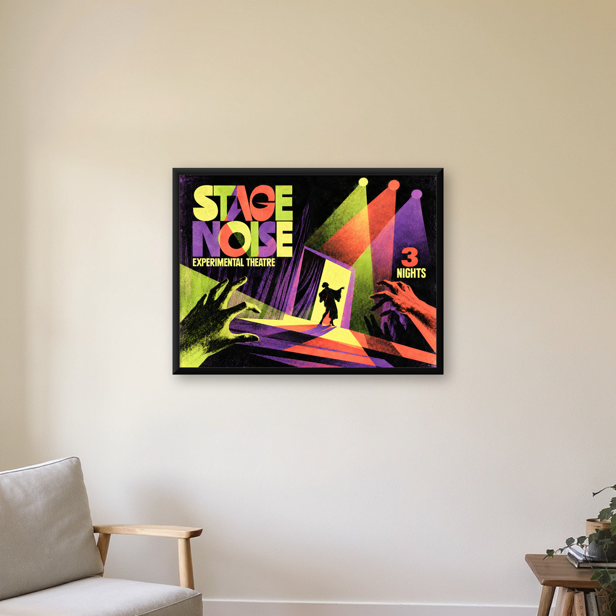 Retro Sahne Sanatları ve Tiyatro Poster Duvar Dekoru — Yatay baskı, çerçeveli hâliyle bir ev duvarında