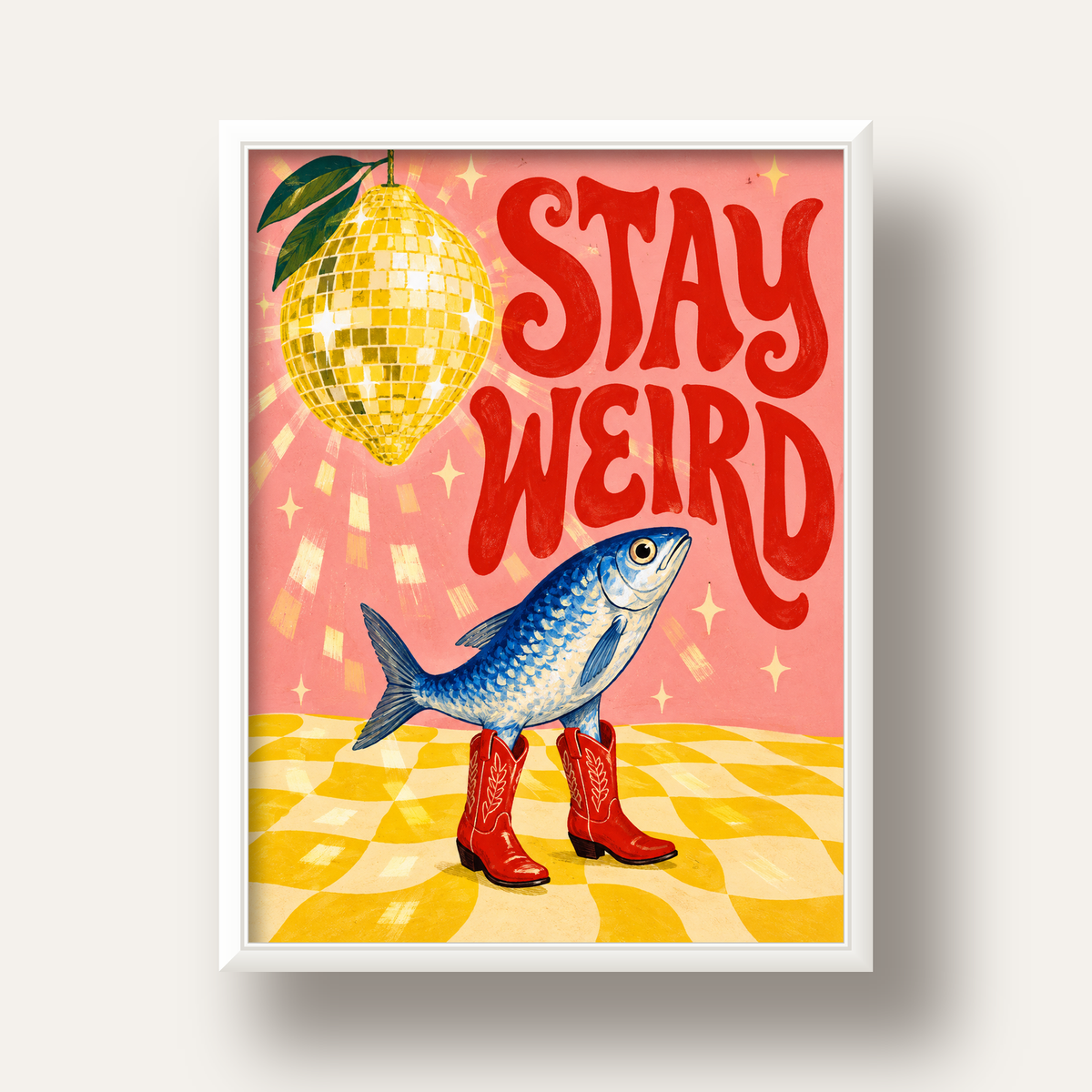 Tuhaf Balık & Limon Diskoküre Poster – Stay Weird İllüstrasyon — beyaz derin çerçeveli