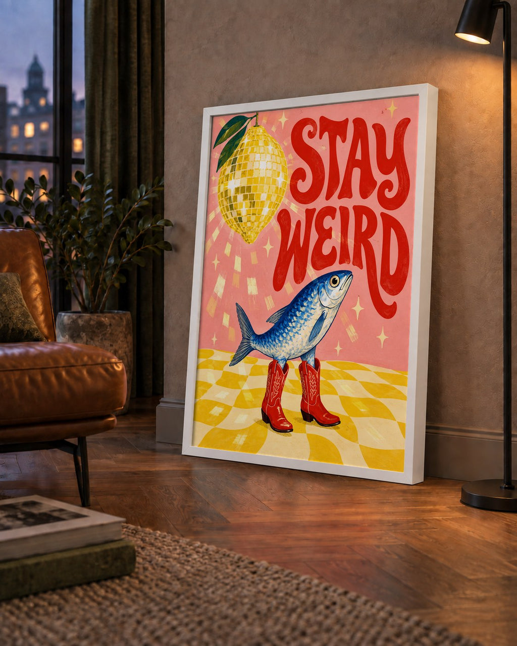 Tuhaf Balık & Limon Diskoküre Poster – Stay Weird İllüstrasyon — çerçeveli hâliyle bir ev duvarında