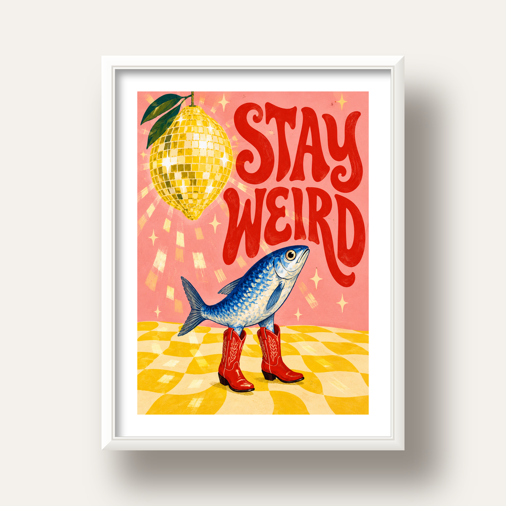 Tuhaf Balık & Limon Diskoküre Poster – Stay Weird İllüstrasyon — beyaz derin çerçeveli paspartulu