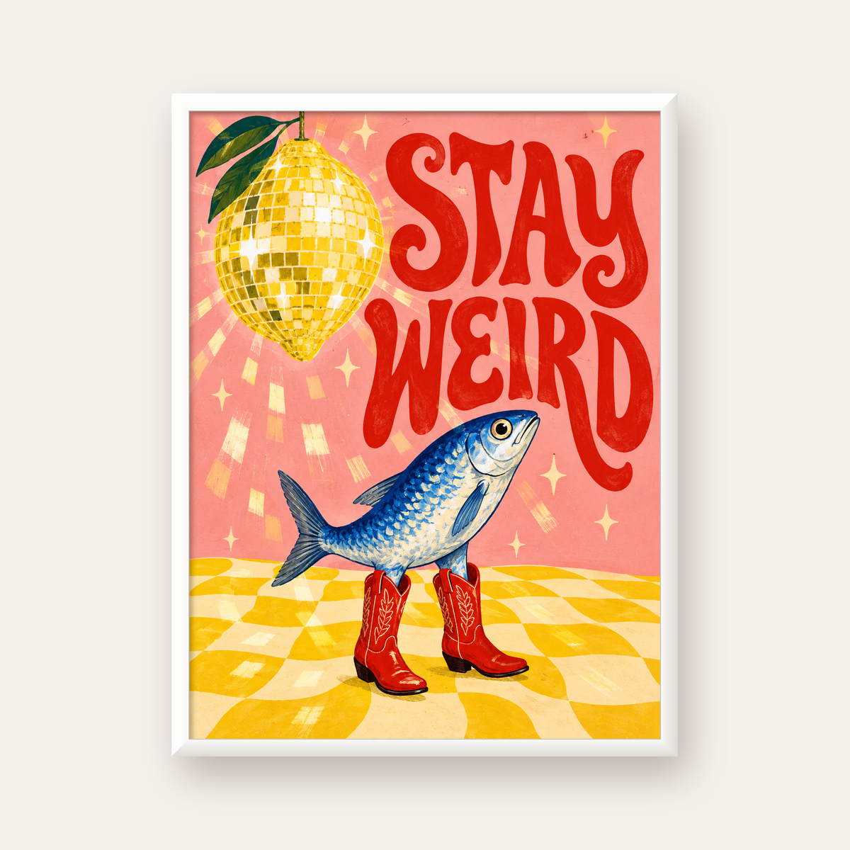 Tuhaf Balık & Limon Diskoküre Poster – Stay Weird İllüstrasyon — beyaz çerçeveli dikey poster