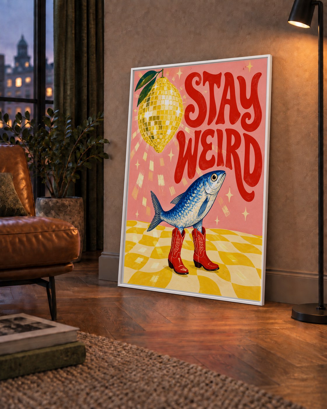 Tuhaf Balık & Limon Diskoküre Poster – Stay Weird İllüstrasyon — çerçeveli hâliyle bir ev duvarında