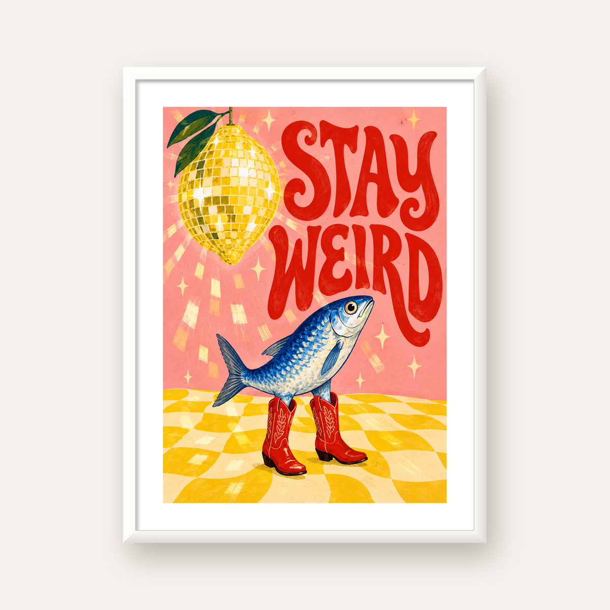 Tuhaf Balık & Limon Diskoküre Poster – Stay Weird İllüstrasyon — beyaz çerçeveli dikey poster