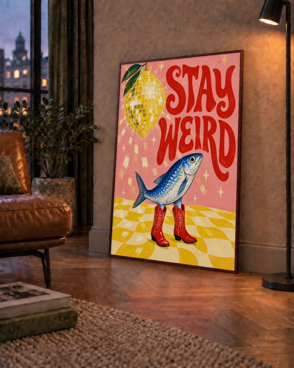 Tuhaf Balık & Limon Diskoküre Poster – Stay Weird İllüstrasyon — çerçeveli hâliyle bir ev duvarında