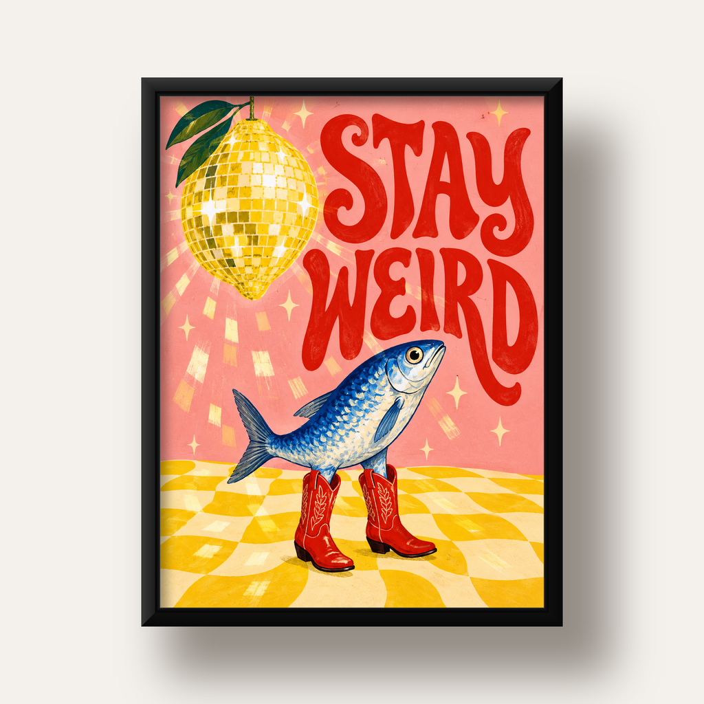 Tuhaf Balık & Limon Diskoküre Poster – Stay Weird İllüstrasyon — siyah derin çerçeveli