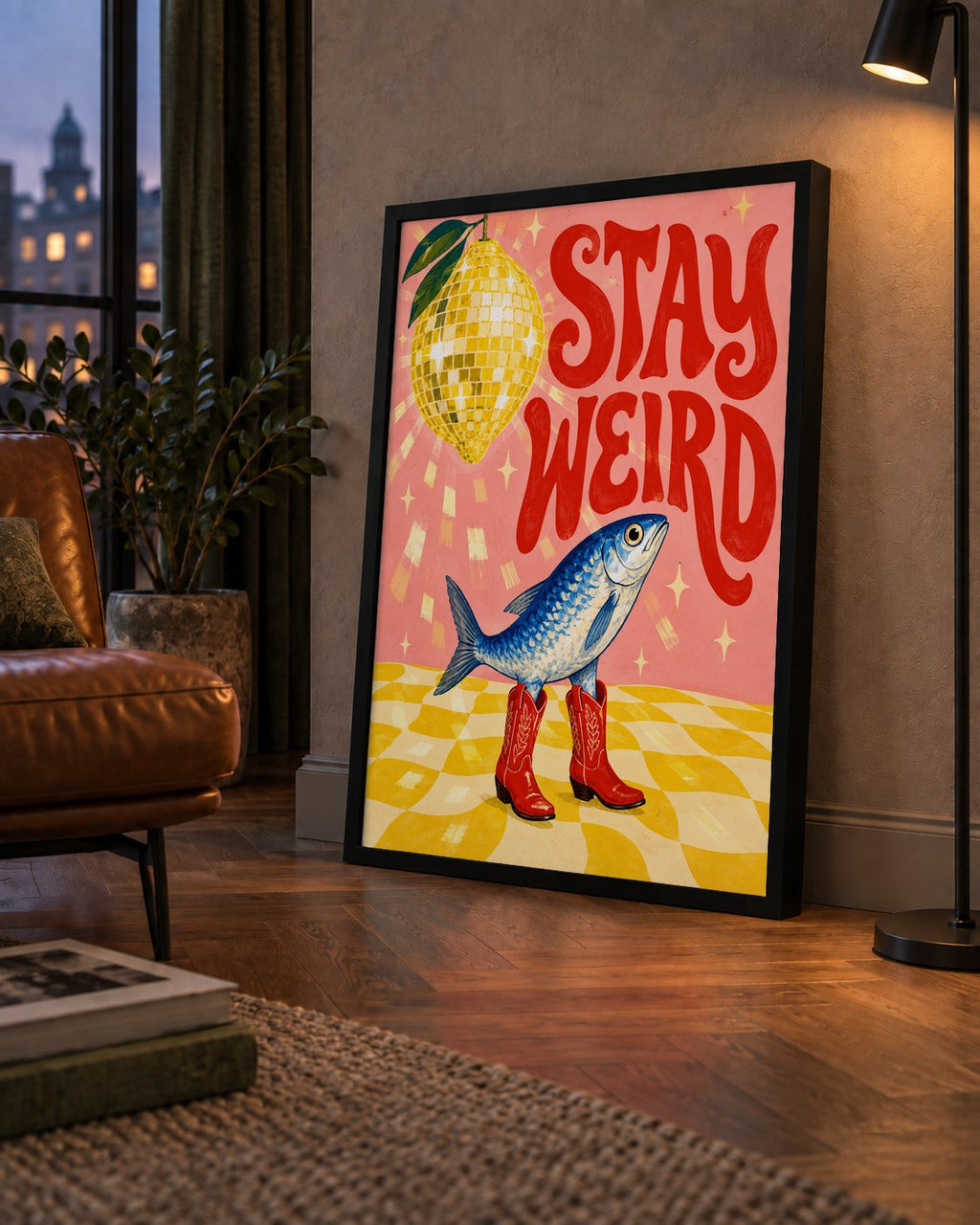 Tuhaf Balık & Limon Diskoküre Poster – Stay Weird İllüstrasyon — çerçeveli hâliyle bir ev duvarında