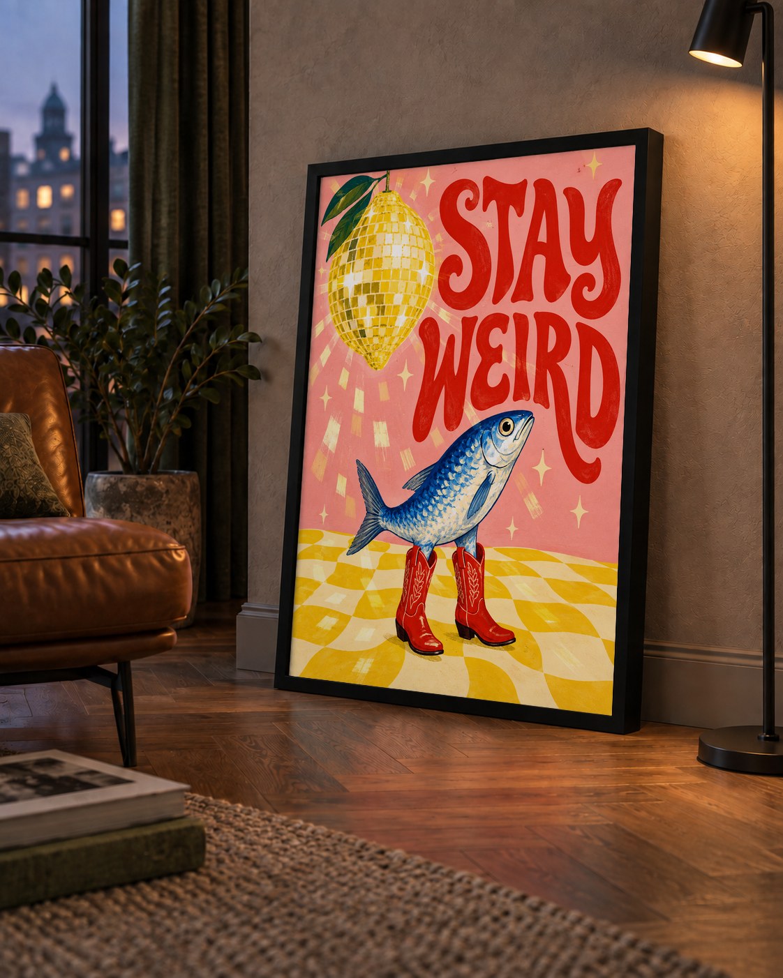 Tuhaf Balık & Limon Diskoküre Poster – Stay Weird İllüstrasyon — çerçeveli hâliyle bir ev duvarında