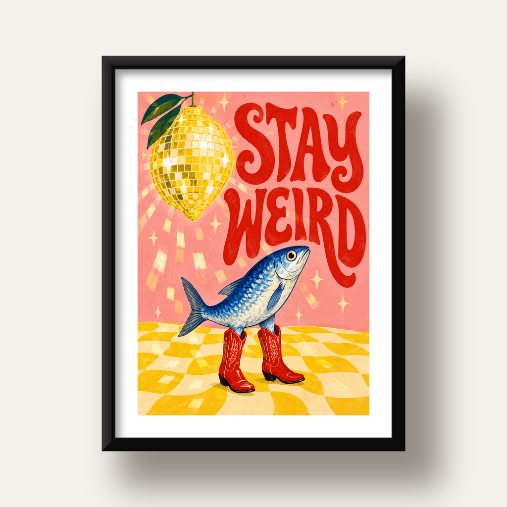 Tuhaf Balık & Limon Diskoküre Poster – Stay Weird İllüstrasyon — siyah derin çerçeveli paspartulu