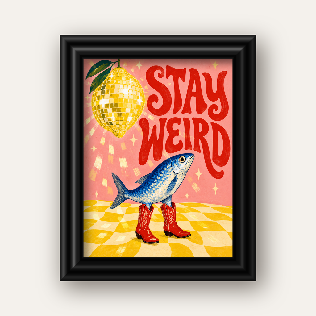 Tuhaf Balık & Limon Diskoküre Poster – Stay Weird İllüstrasyon — siyah galeri çerçeveli