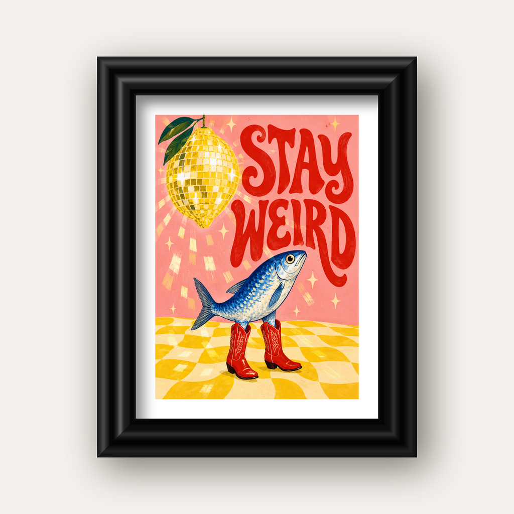Tuhaf Balık & Limon Diskoküre Poster – Stay Weird İllüstrasyon — siyah galeri çerçeveli paspartulu