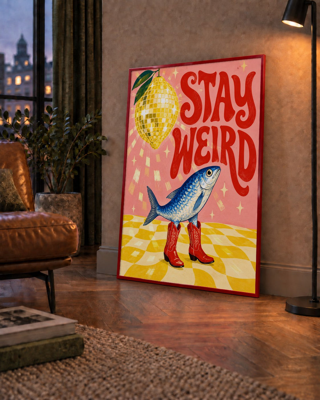 Tuhaf Balık & Limon Diskoküre Poster – Stay Weird İllüstrasyon — çerçeveli hâliyle bir ev duvarında