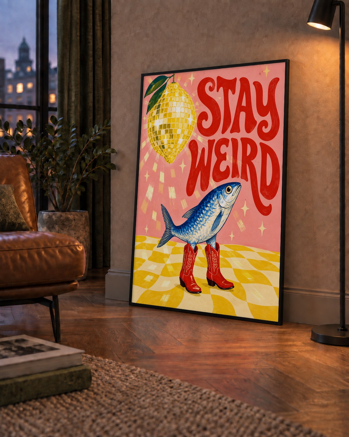 Tuhaf Balık & Limon Diskoküre Poster – Stay Weird İllüstrasyon — çerçeveli hâliyle bir ev duvarında