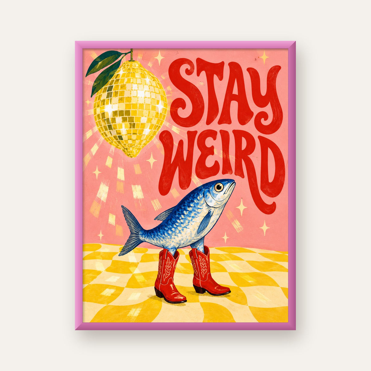 Tuhaf Balık & Limon Diskoküre Poster – Stay Weird İllüstrasyon — pembe çerçeveli