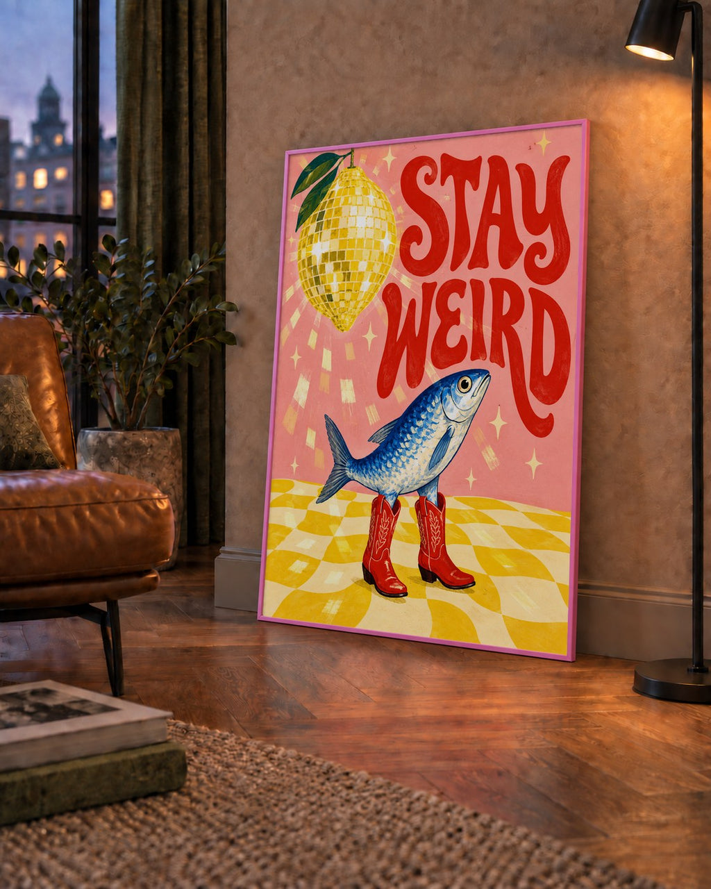 Tuhaf Balık & Limon Diskoküre Poster – Stay Weird İllüstrasyon — çerçeveli hâliyle bir ev duvarında