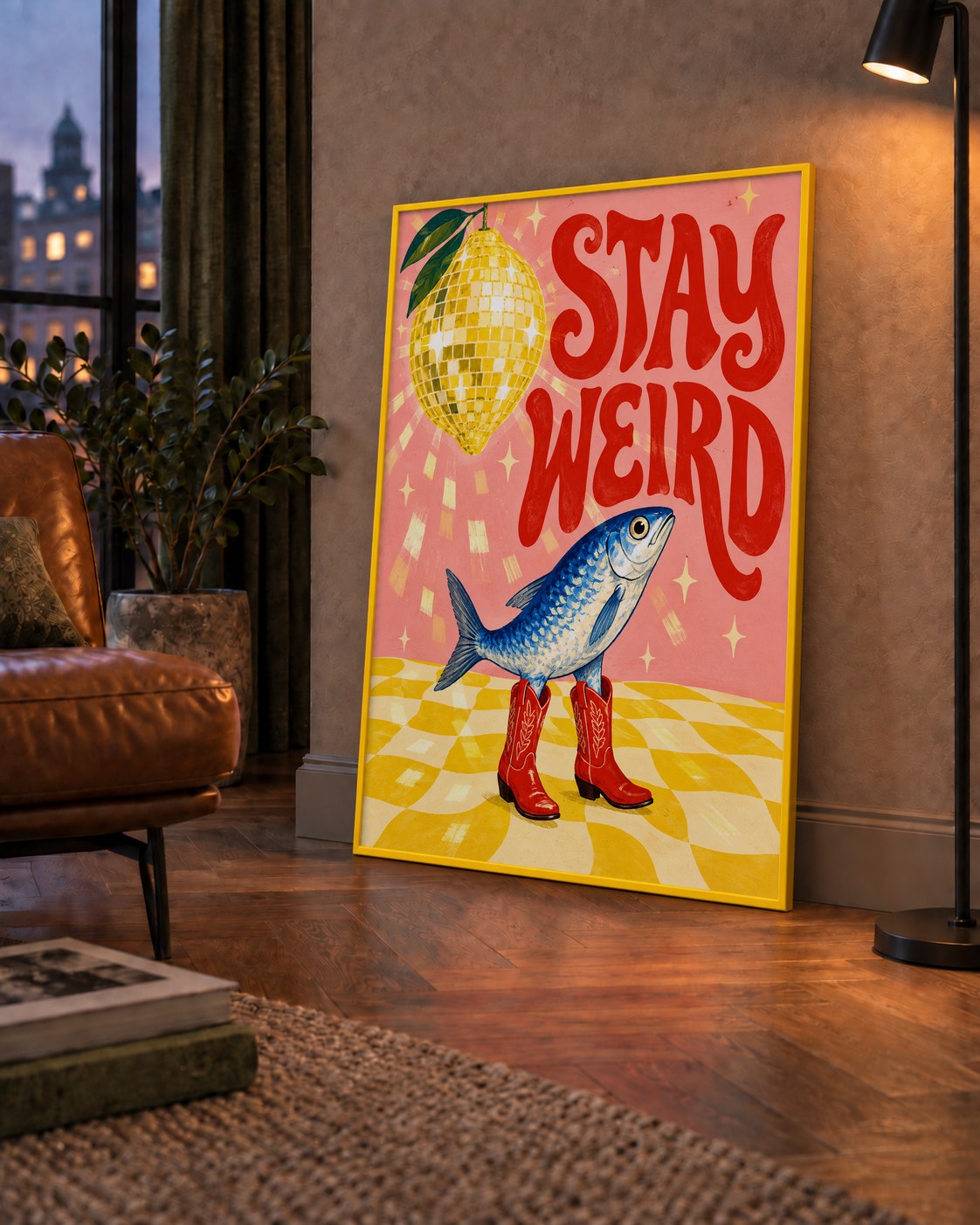 Tuhaf Balık & Limon Diskoküre Poster – Stay Weird İllüstrasyon — çerçeveli hâliyle bir ev duvarında