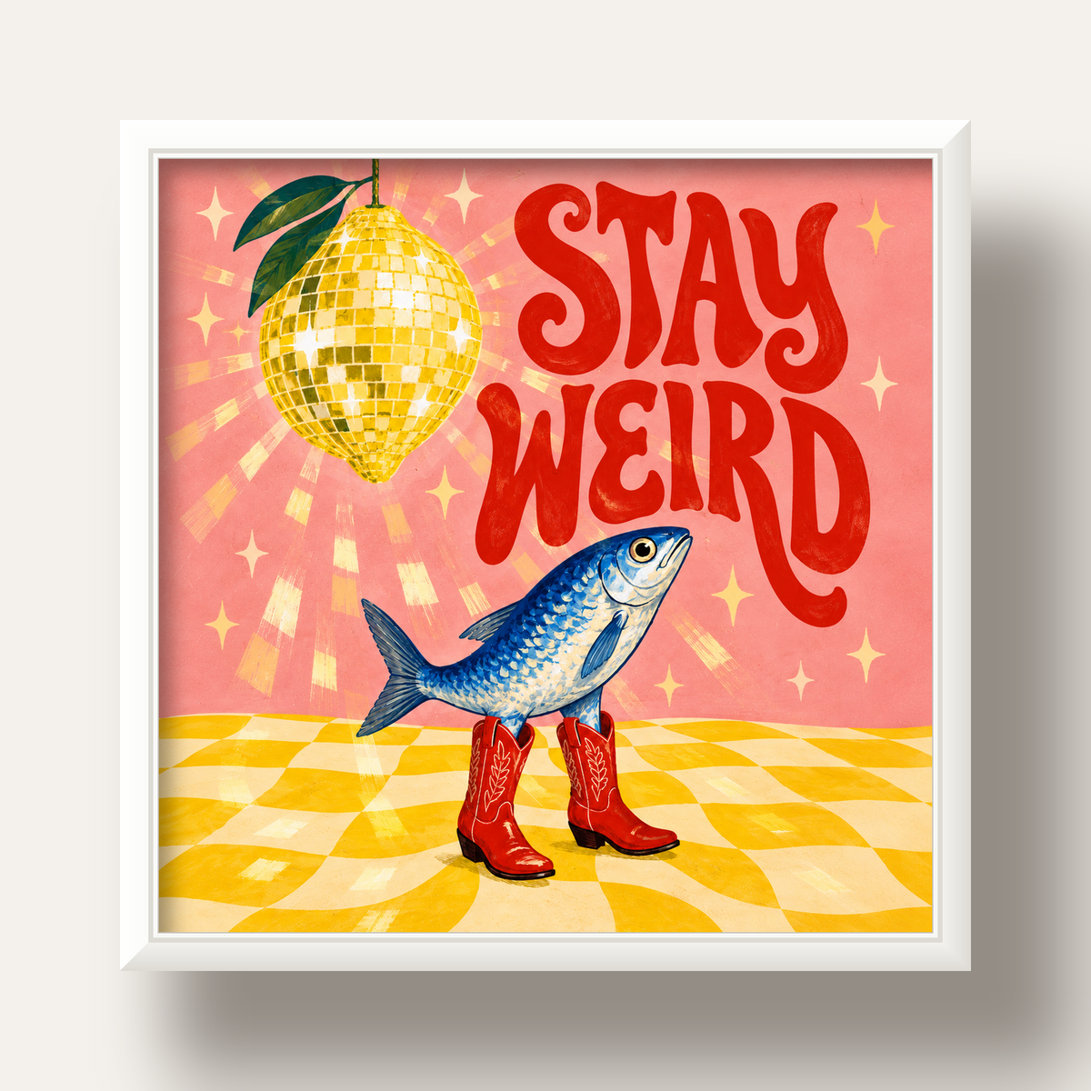 Tuhaf Balık & Limon Diskoküre Poster – Stay Weird İllüstrasyon — beyaz derin çerçeveli