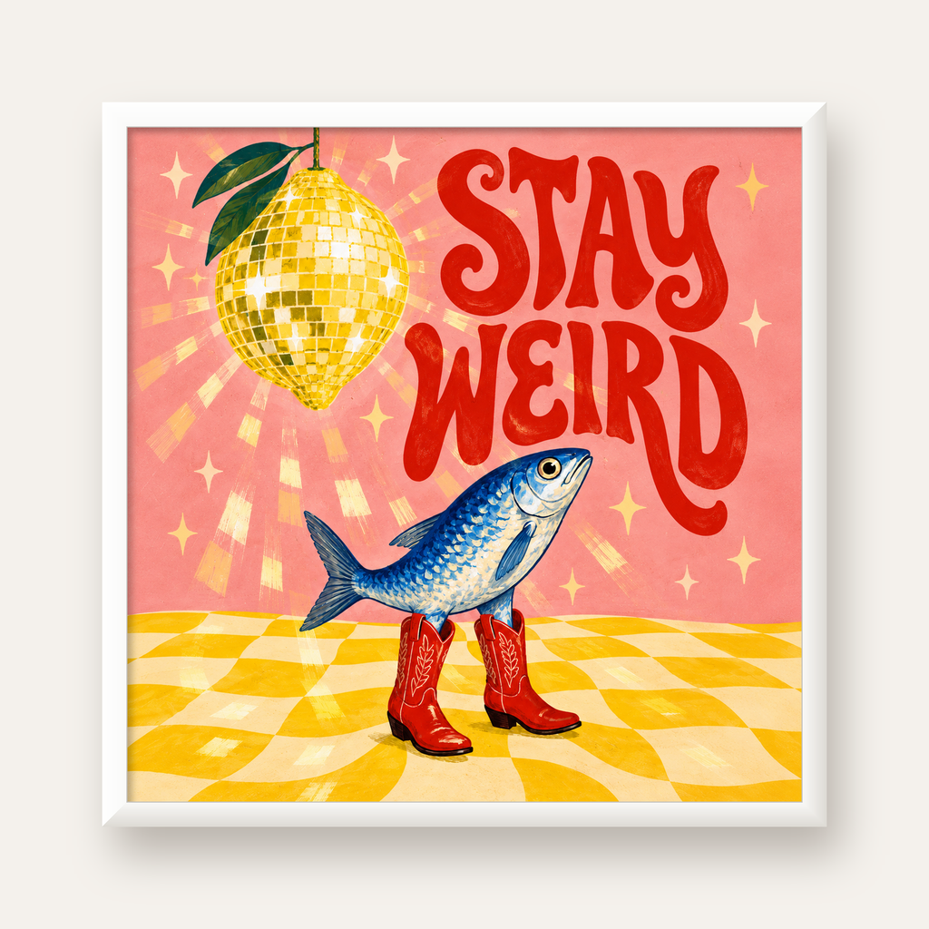 Tuhaf Balık & Limon Diskoküre Poster – Stay Weird İllüstrasyon — beyaz çerçeveli kare poster
