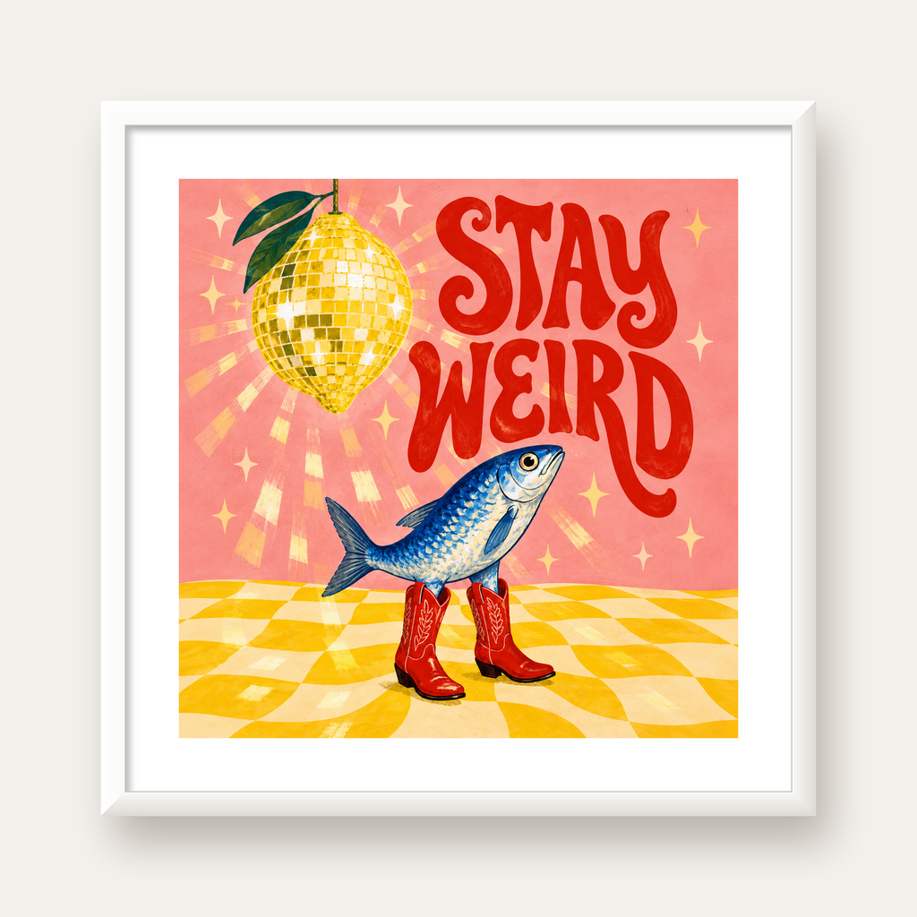 Tuhaf Balık & Limon Diskoküre Poster – Stay Weird İllüstrasyon — beyaz çerçeveli kare poster