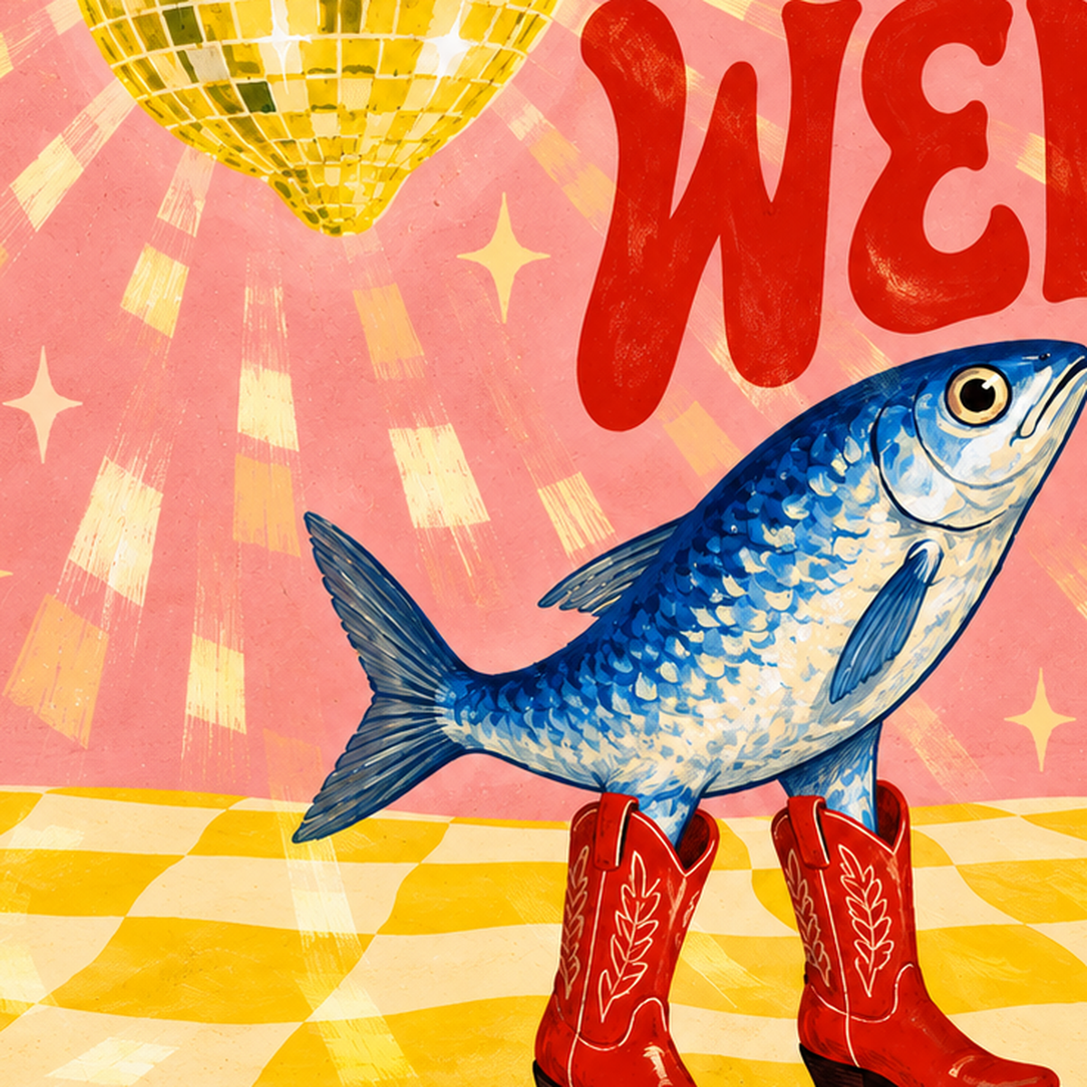 Tuhaf Balık & Limon Diskoküre Poster – Stay Weird İllüstrasyon — baskının yakın çekimi, kâğıt dokusu ve renk detayı