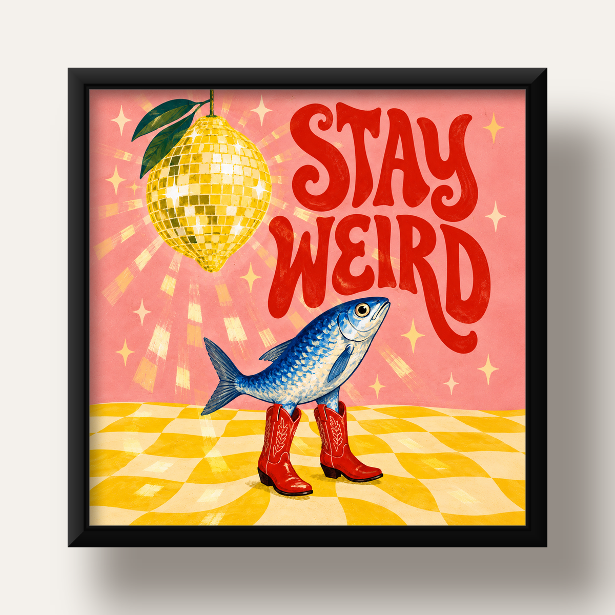 Tuhaf Balık & Limon Diskoküre Poster – Stay Weird İllüstrasyon — siyah derin çerçeveli