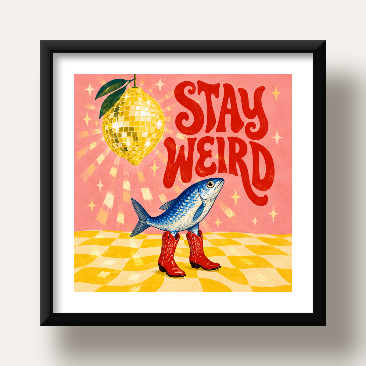 Tuhaf Balık & Limon Diskoküre Poster – Stay Weird İllüstrasyon — siyah derin çerçeveli paspartulu