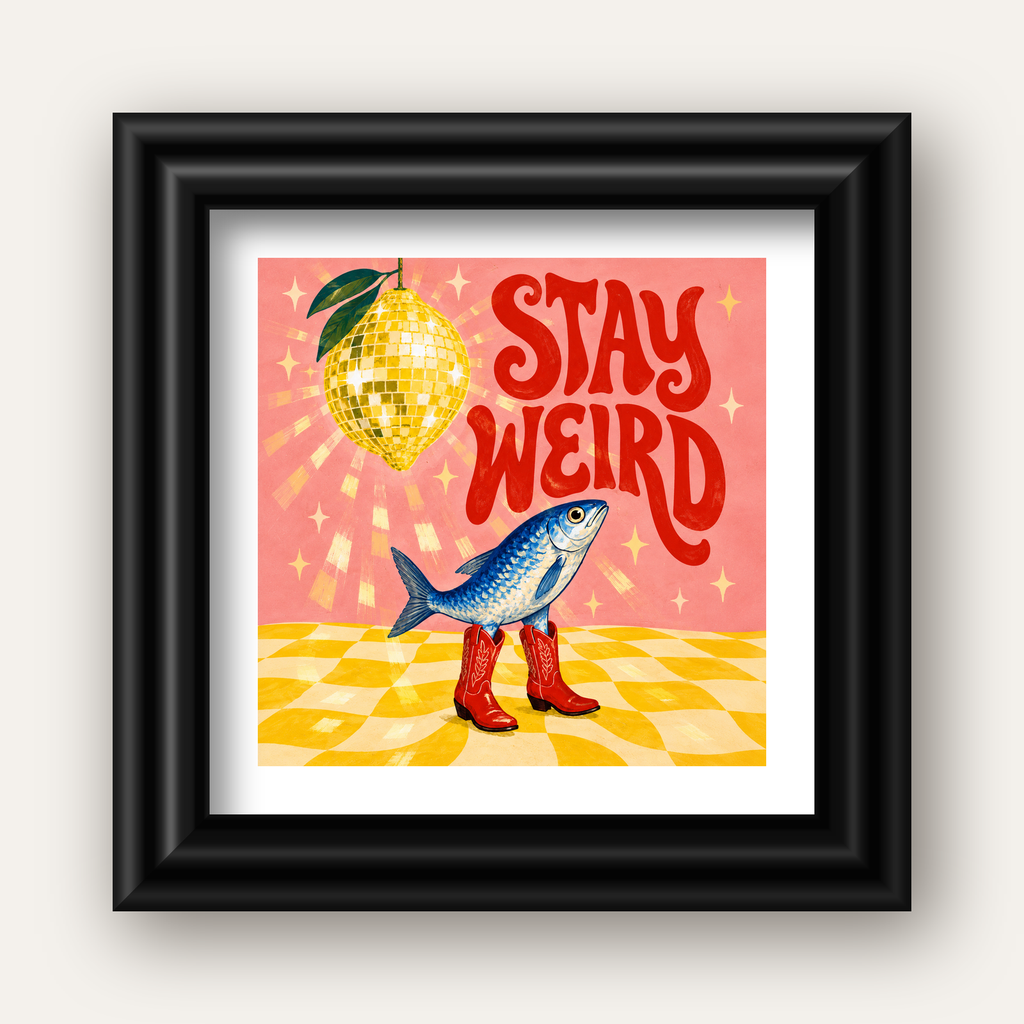 Tuhaf Balık & Limon Diskoküre Poster – Stay Weird İllüstrasyon — siyah galeri çerçeveli paspartulu