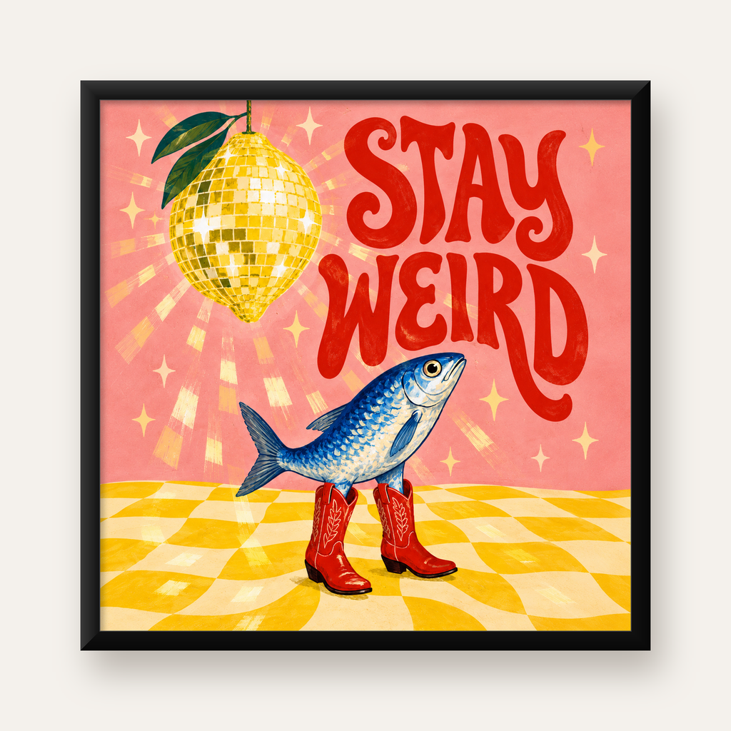 Tuhaf Balık & Limon Diskoküre Poster – Stay Weird İllüstrasyon — Kare baskı, düz siyah çerçeveli duvar posteri