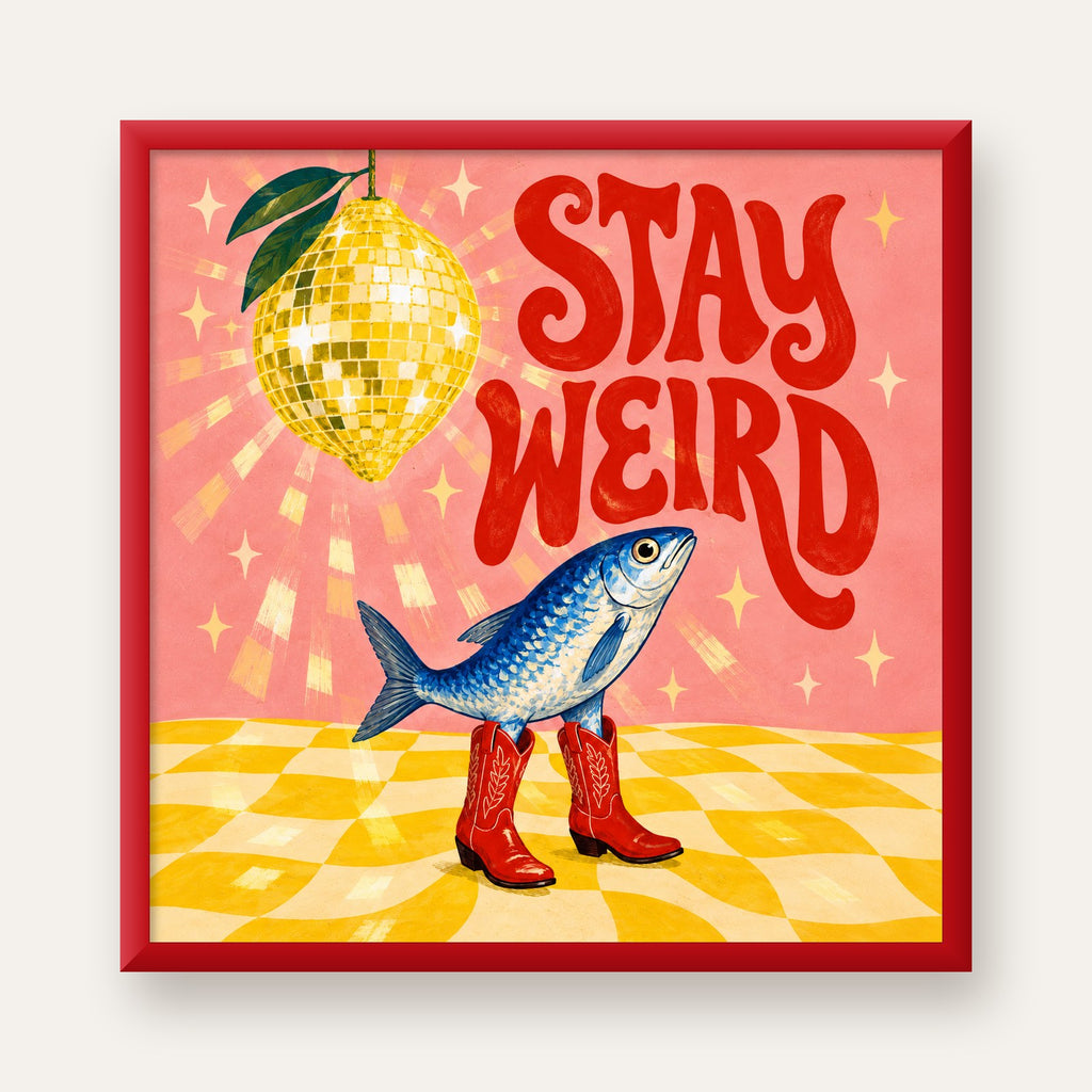 Tuhaf Balık & Limon Diskoküre Poster – Stay Weird İllüstrasyon — kırmızı çerçeveli