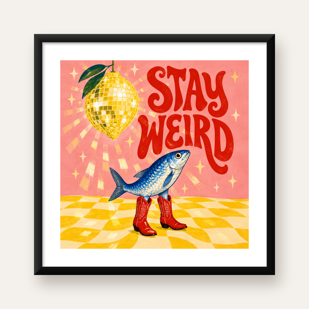 Tuhaf Balık & Limon Diskoküre Poster – Stay Weird İllüstrasyon — Kare baskı, beyaz kenar boşluklu