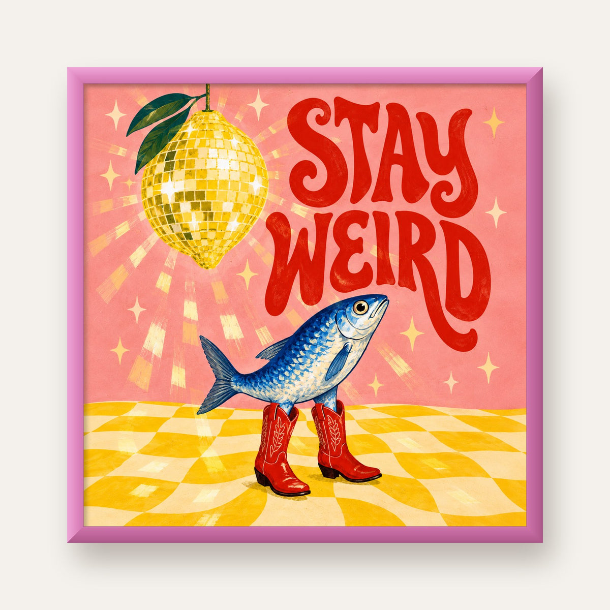 Tuhaf Balık & Limon Diskoküre Poster – Stay Weird İllüstrasyon — pembe çerçeveli