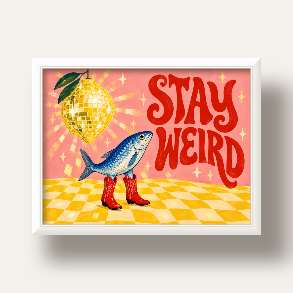 Tuhaf Balık & Limon Diskoküre Poster – Stay Weird İllüstrasyon — beyaz derin çerçeveli