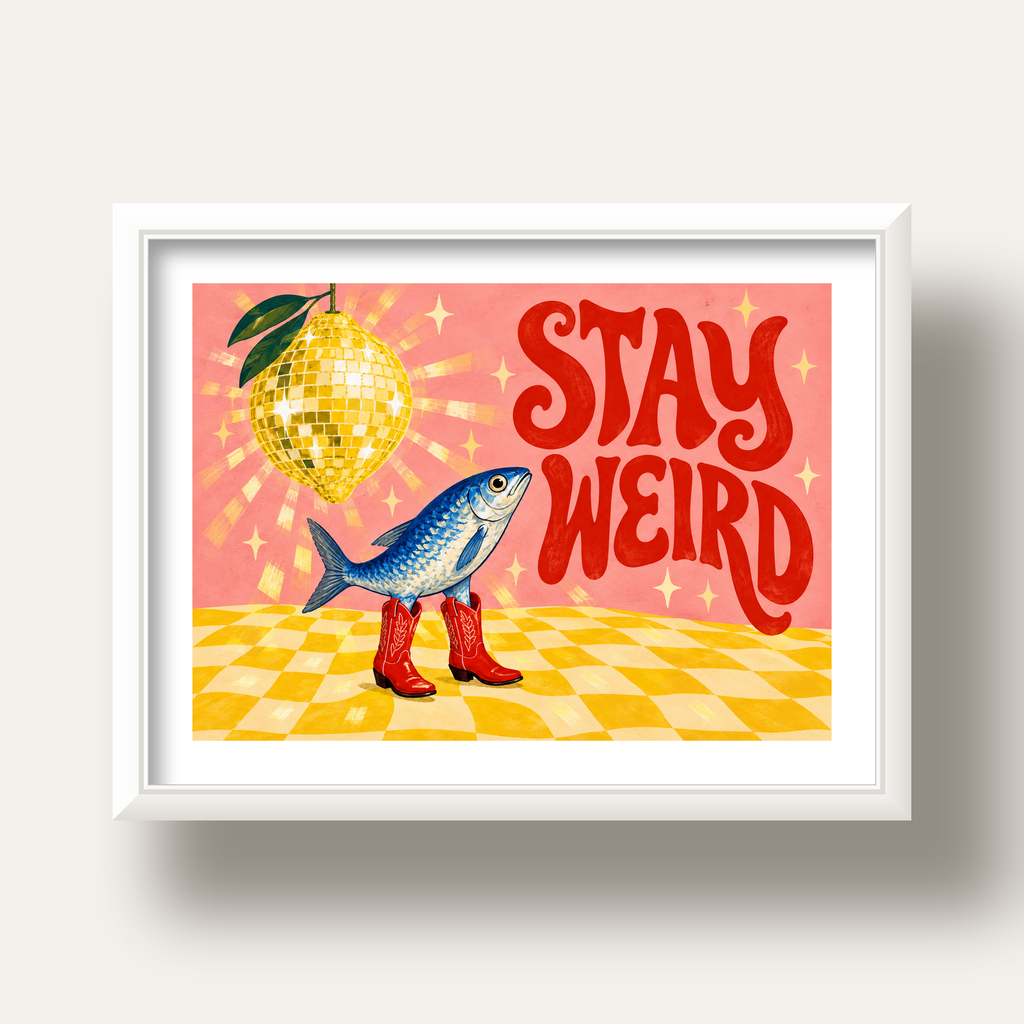 Tuhaf Balık & Limon Diskoküre Poster – Stay Weird İllüstrasyon — beyaz derin çerçeveli paspartulu
