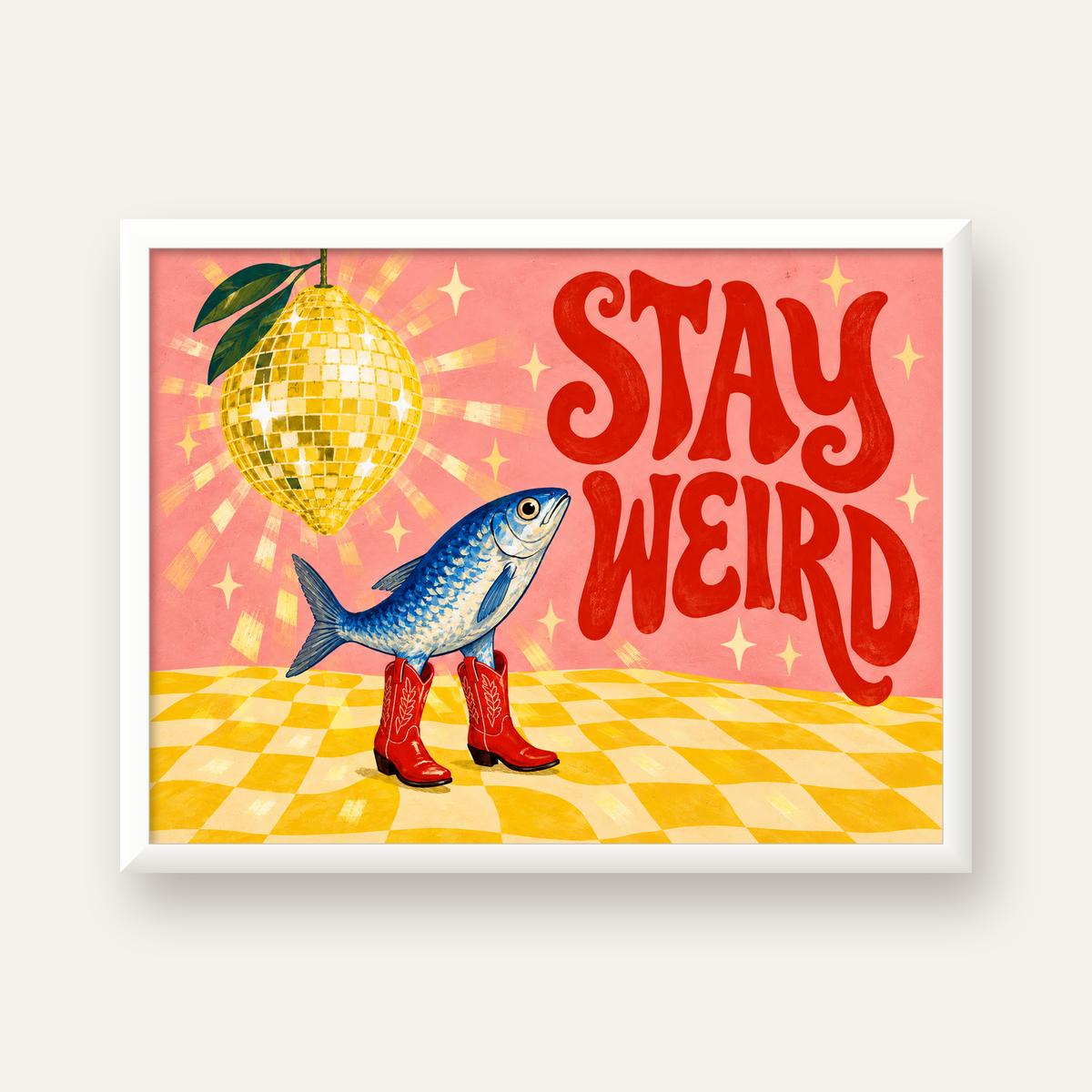 Tuhaf Balık & Limon Diskoküre Poster – Stay Weird İllüstrasyon — beyaz çerçeveli yatay poster