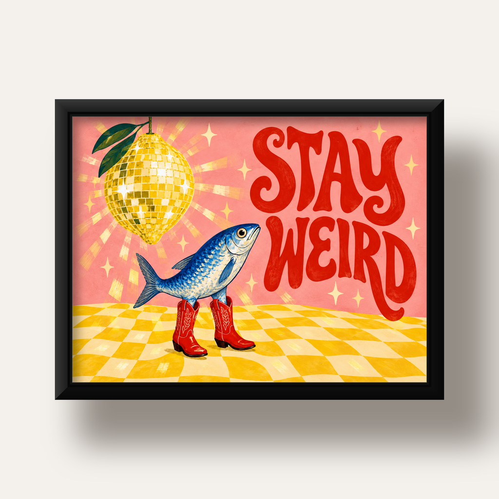 Tuhaf Balık & Limon Diskoküre Poster – Stay Weird İllüstrasyon — siyah derin çerçeveli