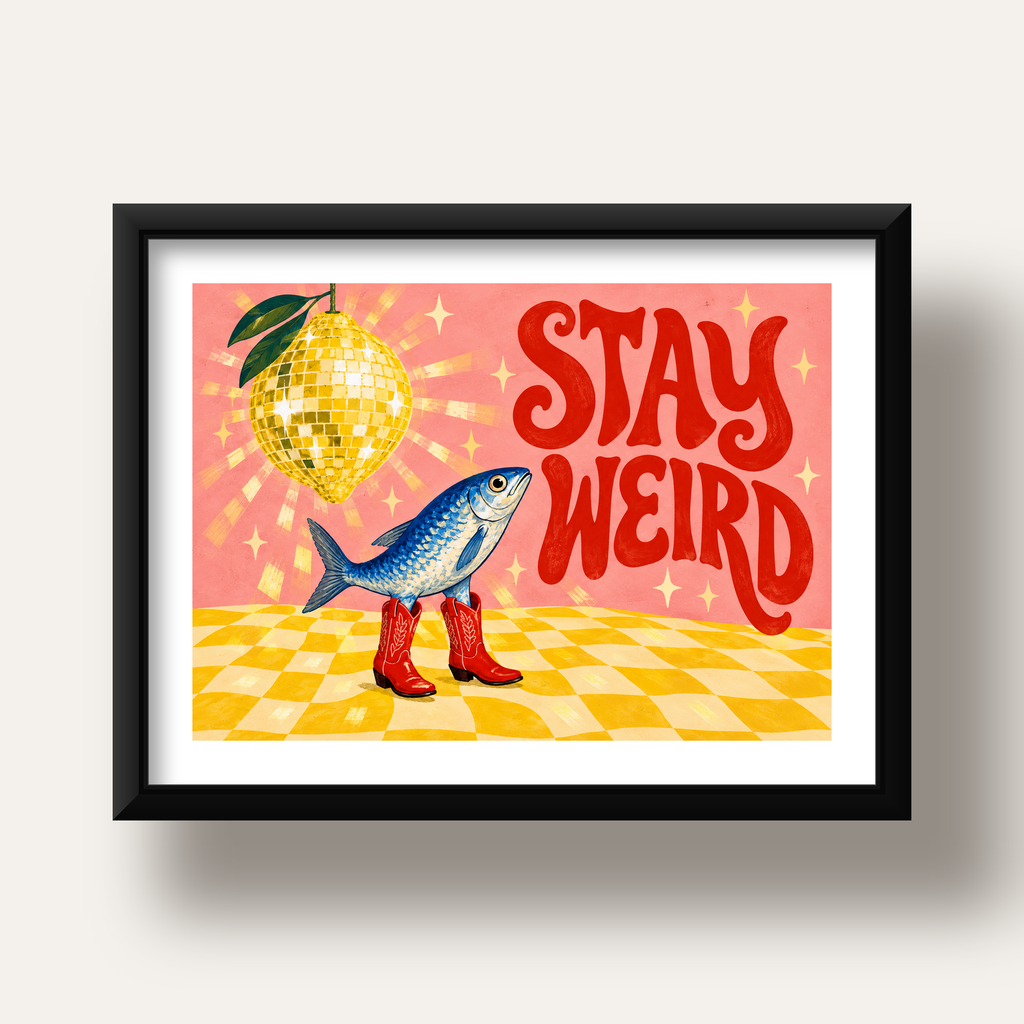Tuhaf Balık & Limon Diskoküre Poster – Stay Weird İllüstrasyon — siyah derin çerçeveli paspartulu