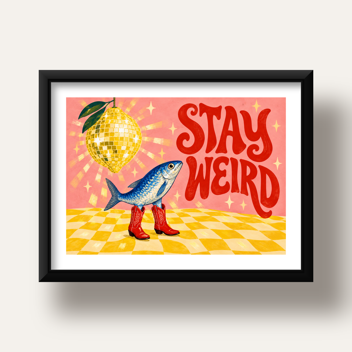 Tuhaf Balık & Limon Diskoküre Poster – Stay Weird İllüstrasyon — siyah derin çerçeveli paspartulu