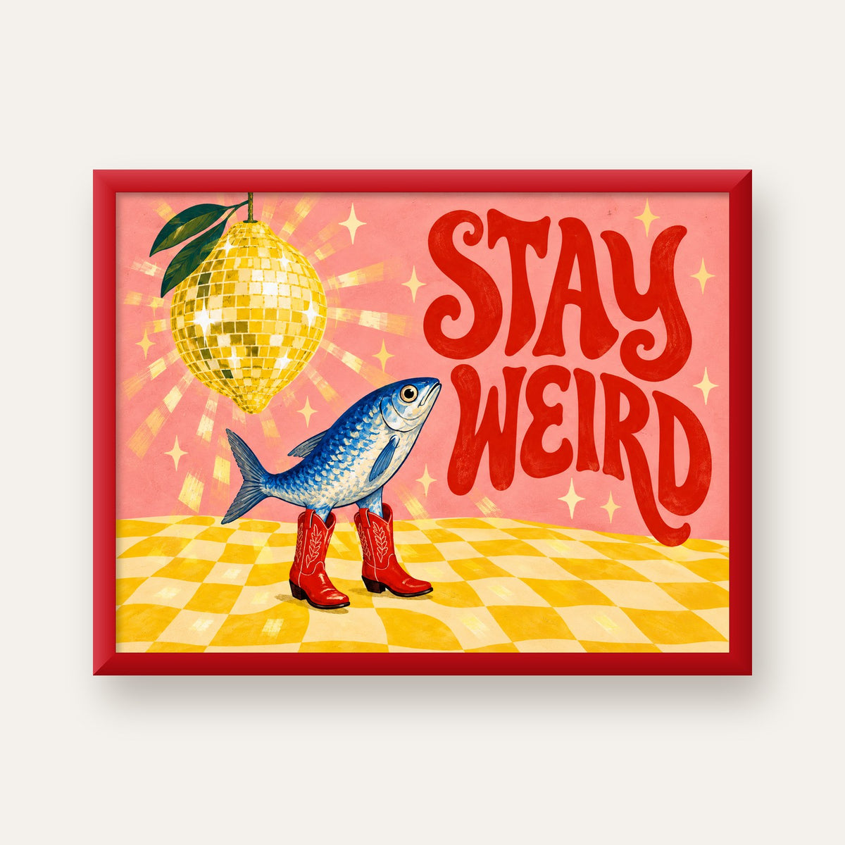 Tuhaf Balık & Limon Diskoküre Poster – Stay Weird İllüstrasyon — kırmızı çerçeveli