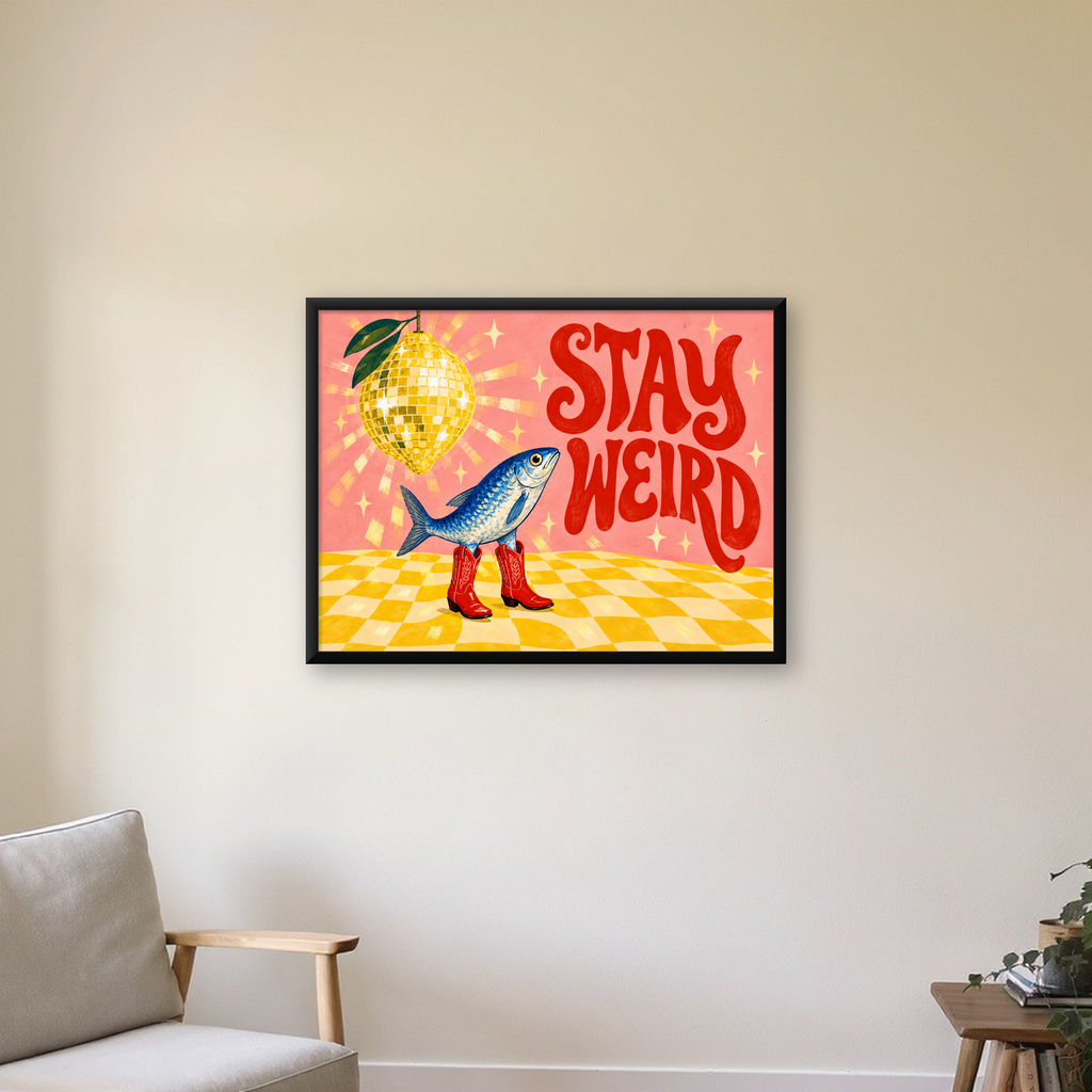 Tuhaf Balık & Limon Diskoküre Poster – Stay Weird İllüstrasyon — Yatay baskı, çerçeveli hâliyle bir ev duvarında