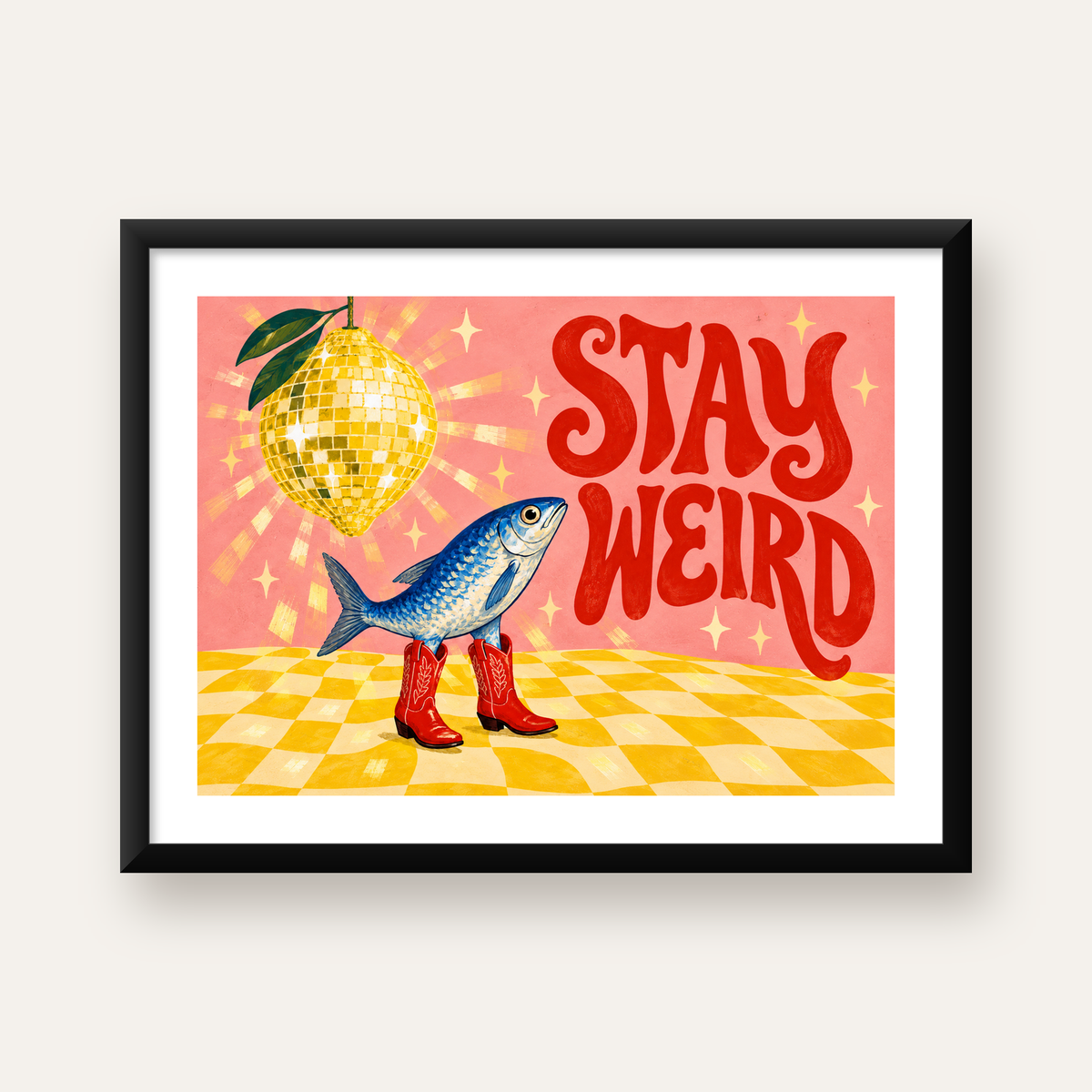 Tuhaf Balık & Limon Diskoküre Poster – Stay Weird İllüstrasyon — Yatay baskı, beyaz kenar boşluklu